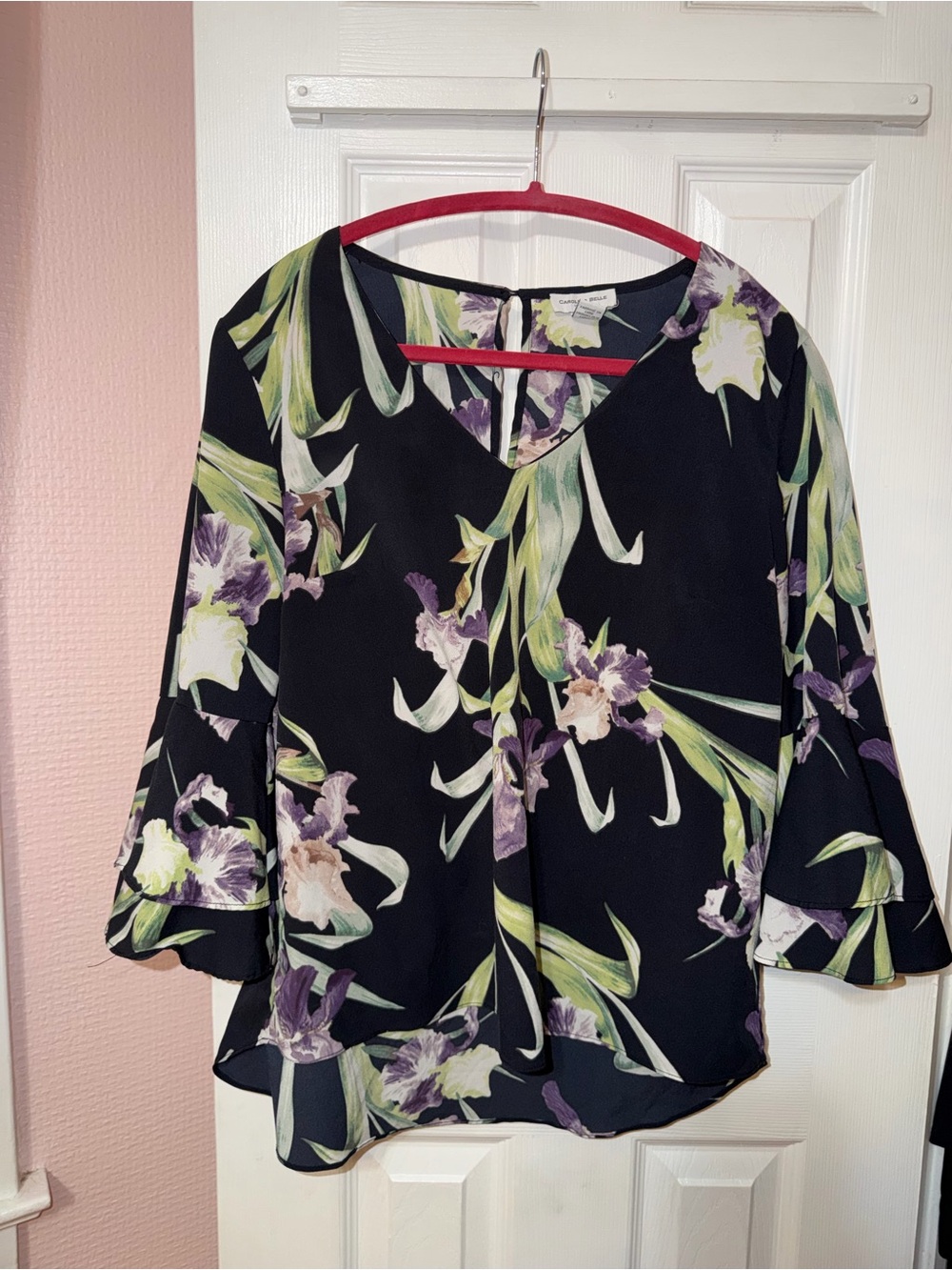 Carolina Belle Montreal black/floral bell sleeve blouse, large